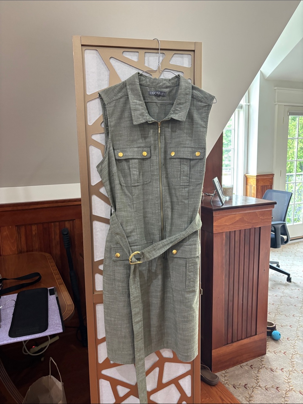 Sharagano Olive Green Sleeveless Zip Front Shirt Dress with Belt